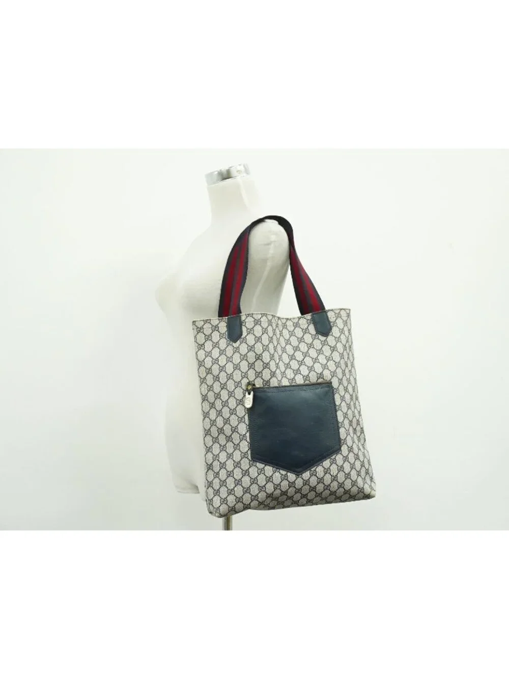 Gucci Vintage Sherry Line GG Supreme Shoulder Bag Tote Navy Shelly - Picture 6 of 9